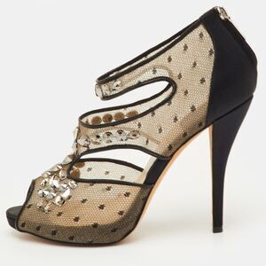 Dior Size 39.5 Black Mesh And Satin Cut Out Crystal Embellished Peep Toe Sandals